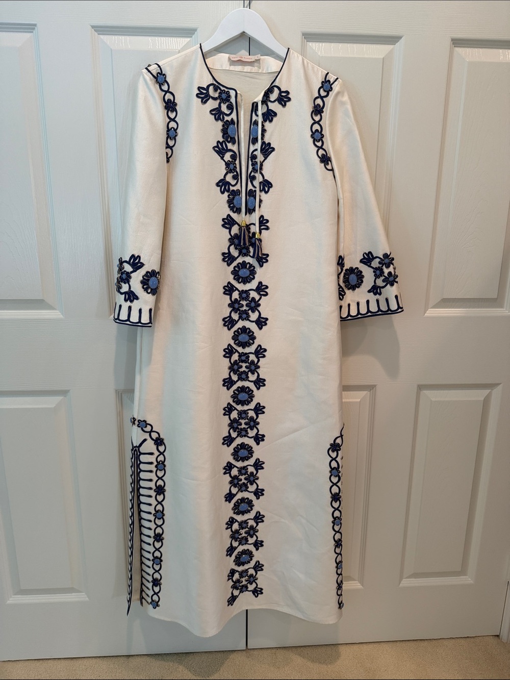 Tory Burch Embroidered White Midi Tunic Dress with Navy Floral Trim